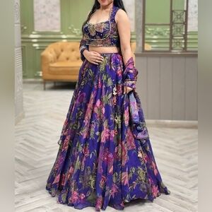 Purple Floral Lehenga Choli Set Indian Ethnic Wedding Guest Outfit Diwali